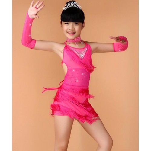 Child Girls Kids Cheap Rhinestones competition Black Blue Red Pink Sequin Fringe Salsa Dancewear Dance Costume Salsa Dance Dresses